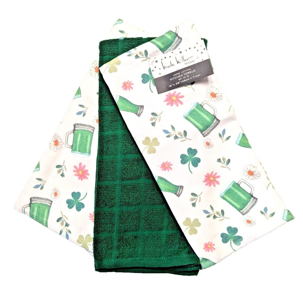 St Patrick's Day Green Shamrock Beer Mugs Kitchen Towels 3-Pc Floral Cotton Gift